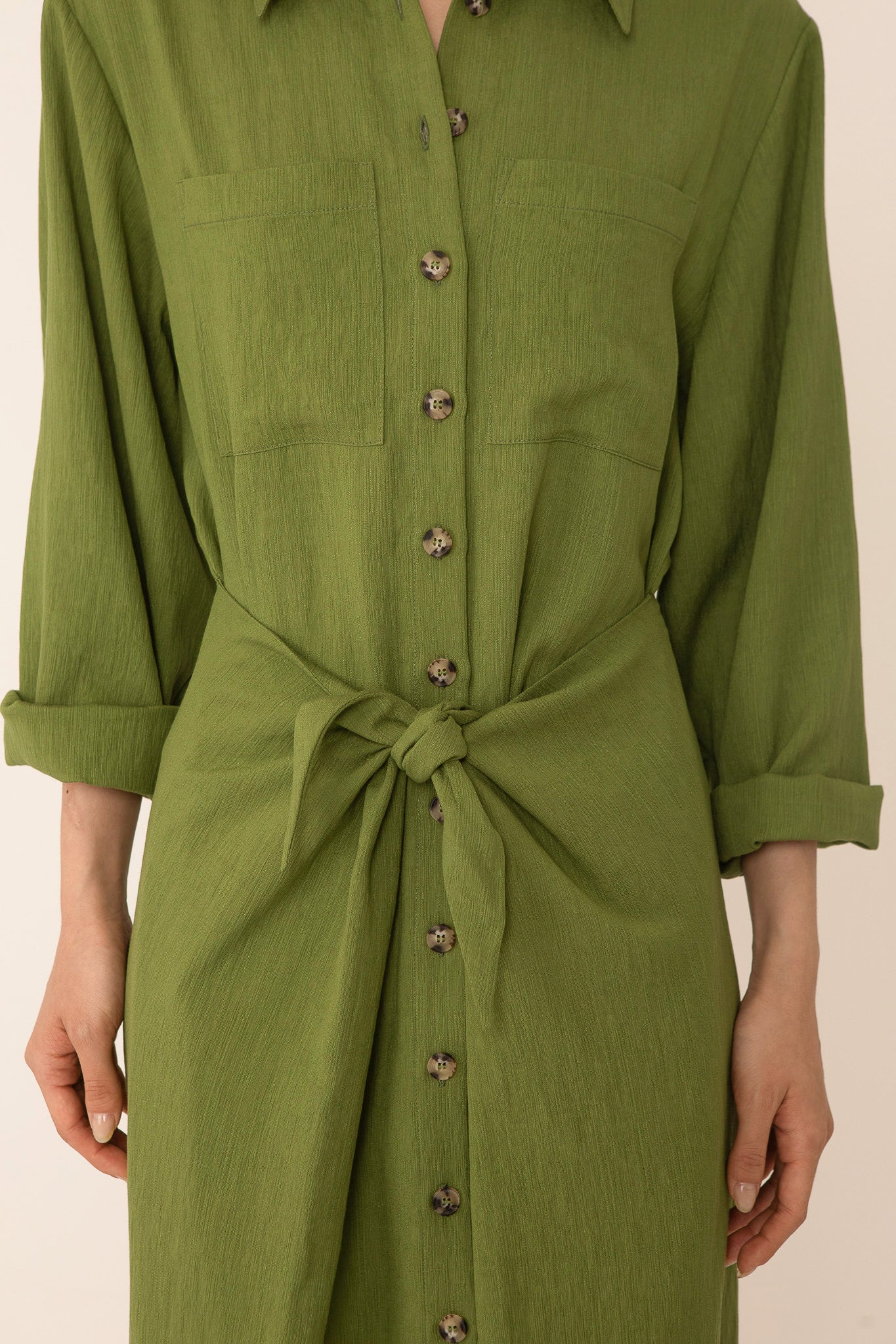 Vivere Green Line Tie Front Shirt Dress