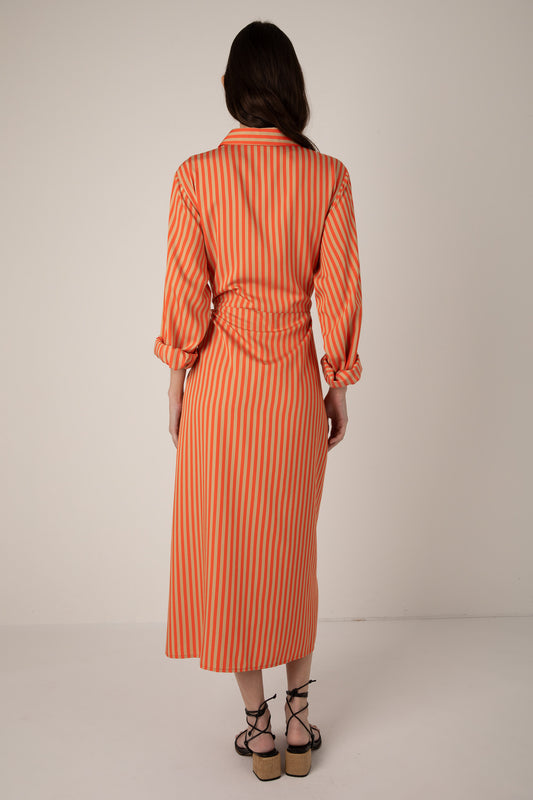 Vivere Orange Striped Line Tie Front Shirt Dress
