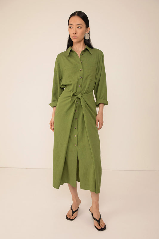 Vivere Green Line Tie Front Shirt Dress