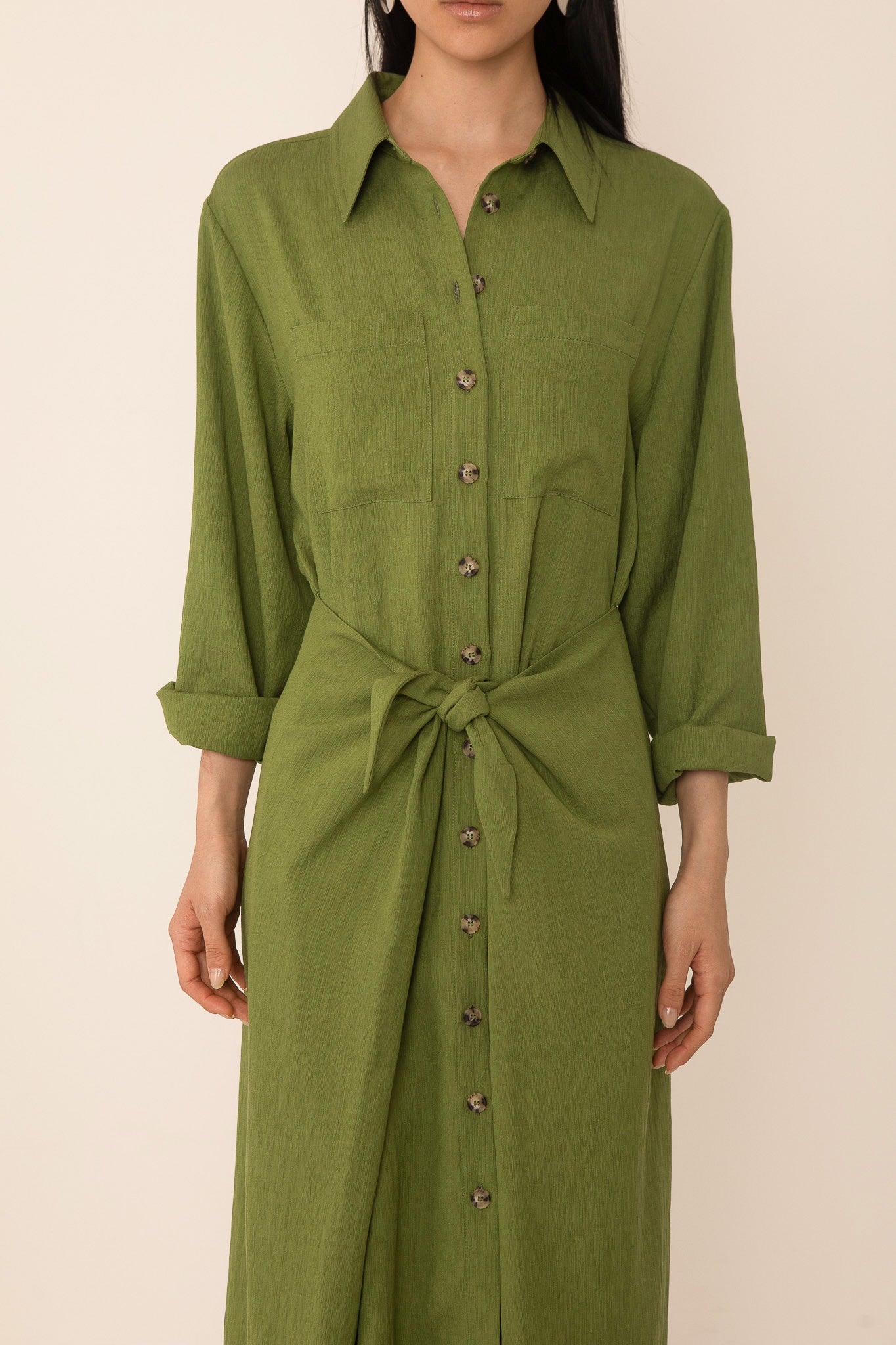 Vivere Green Line Tie Front Shirt Dress