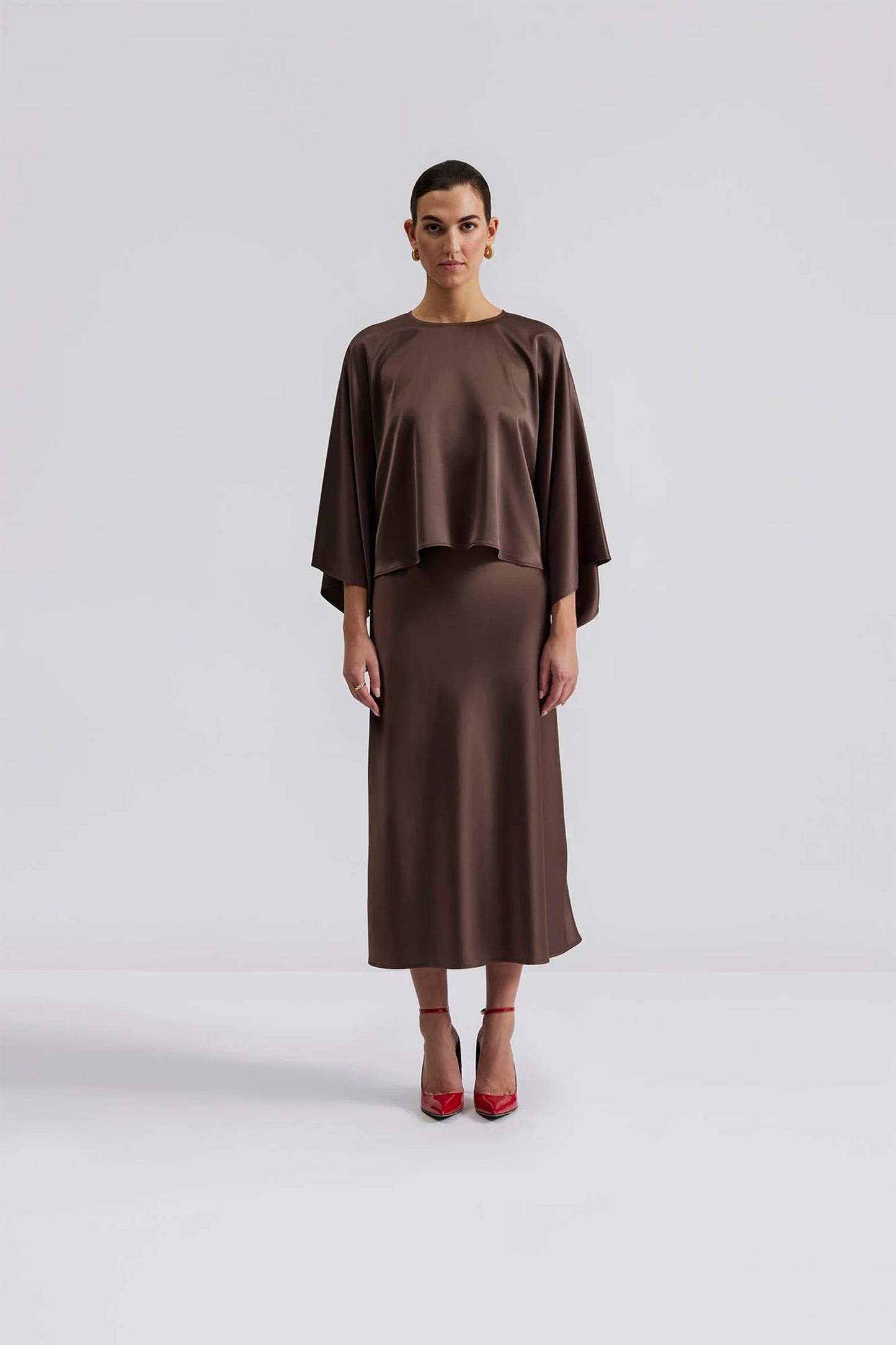 By Malina Chocolate Aubree Satin Midi Skirt