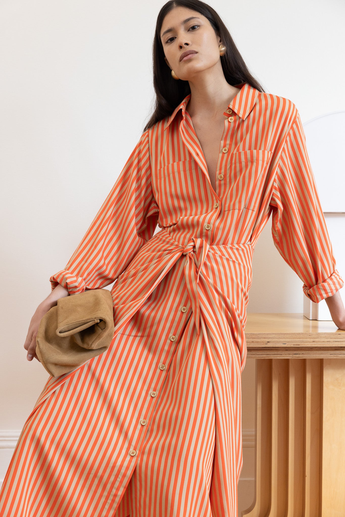 Vivere Orange Striped Line Tie Front Shirt Dress