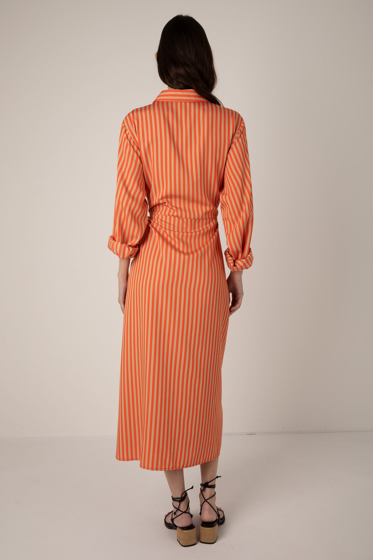 Vivere Orange Striped Line Tie Front Shirt Dress