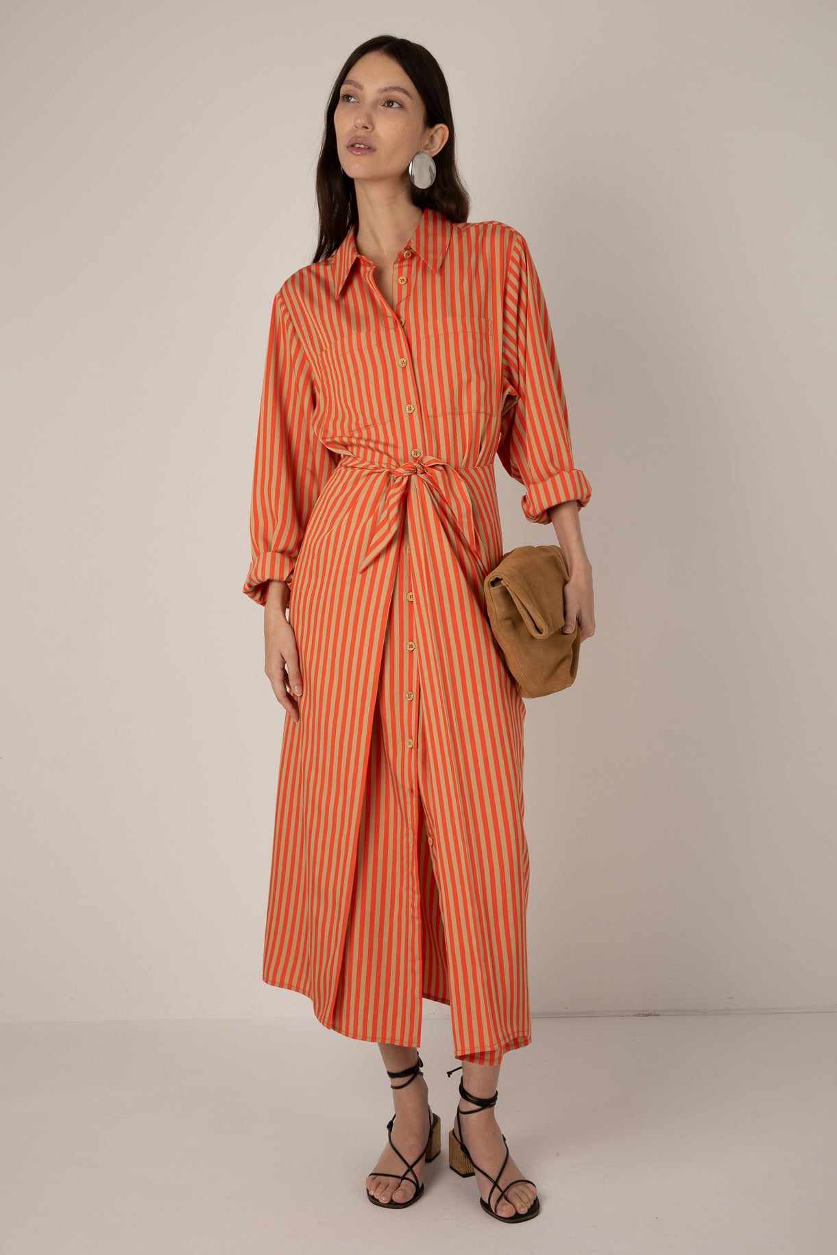 Vivere Orange Striped Line Tie Front Shirt Dress