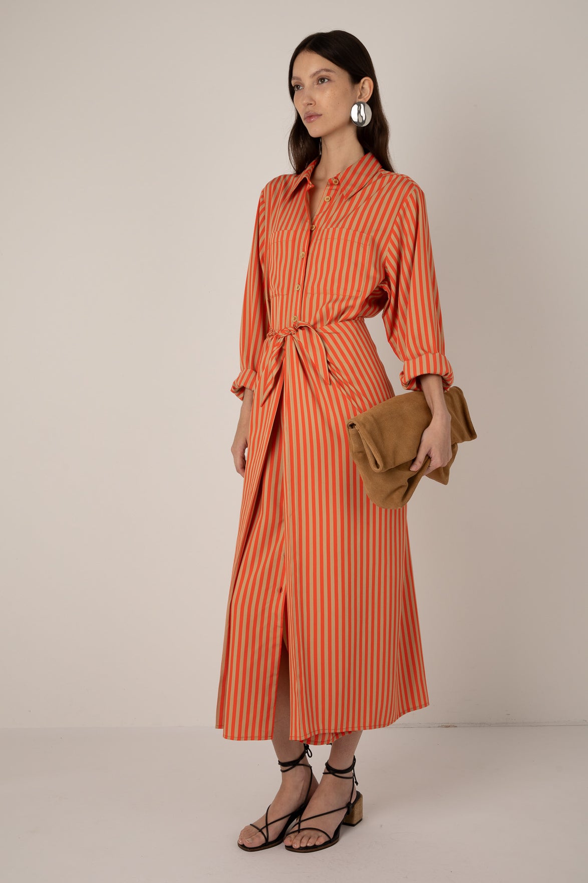 Vivere Orange Striped Line Tie Front Shirt Dress