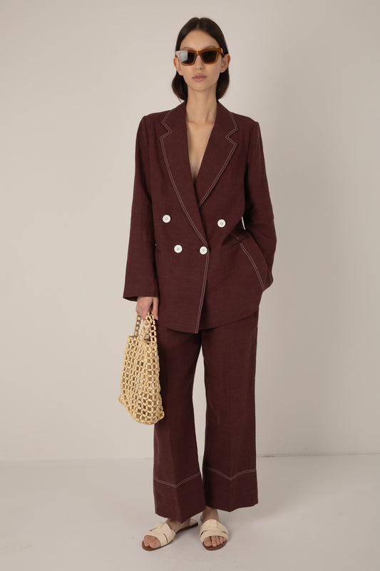 Vivere Burgundy Anita Linen Blazer