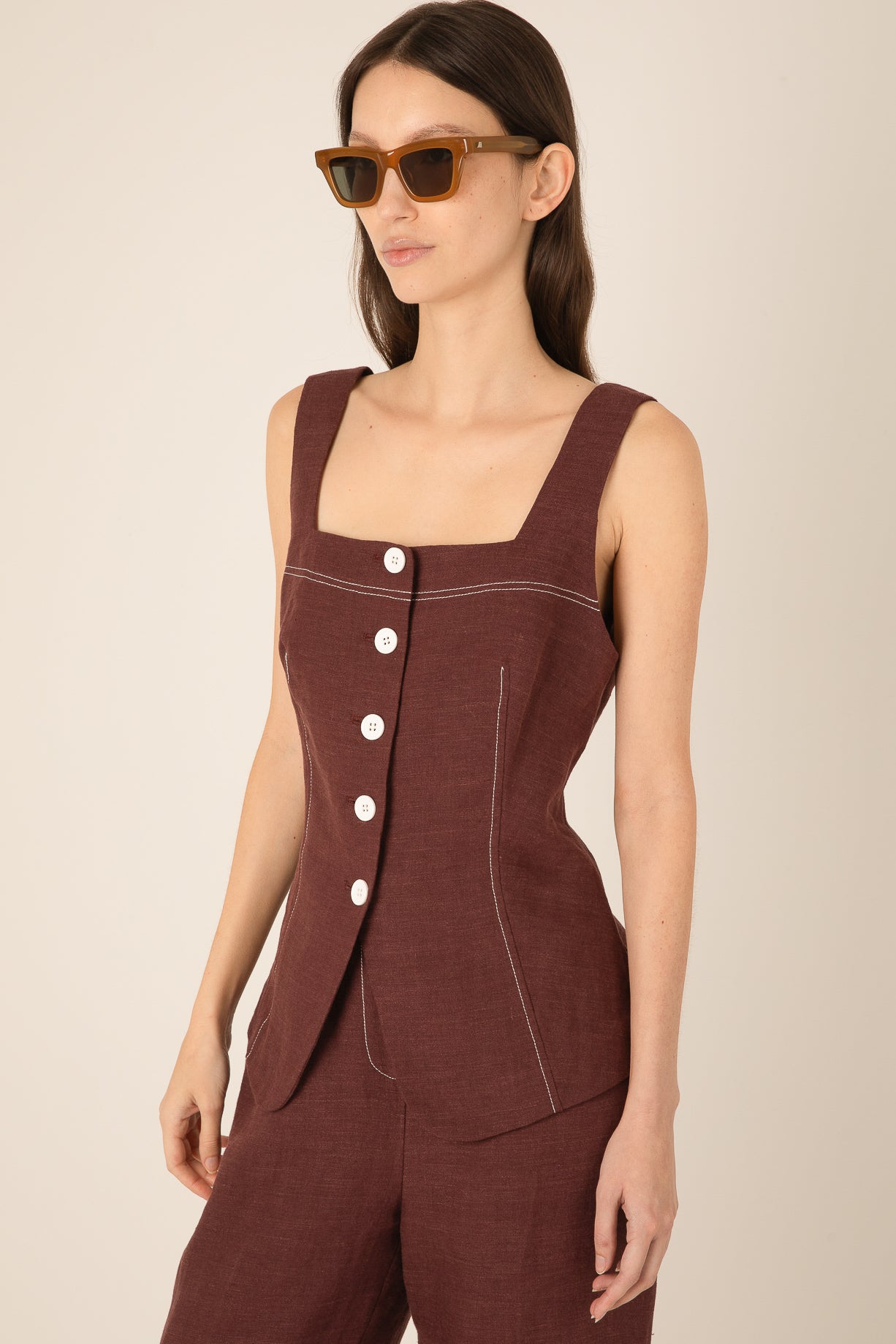 Vivere Burgundy Carine Linen Button Top
