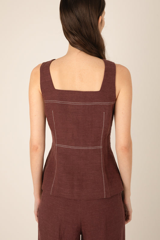 Vivere Burgundy Carine Linen Button Top