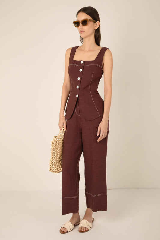 Vivere Burgundy Carine Linen Button Top