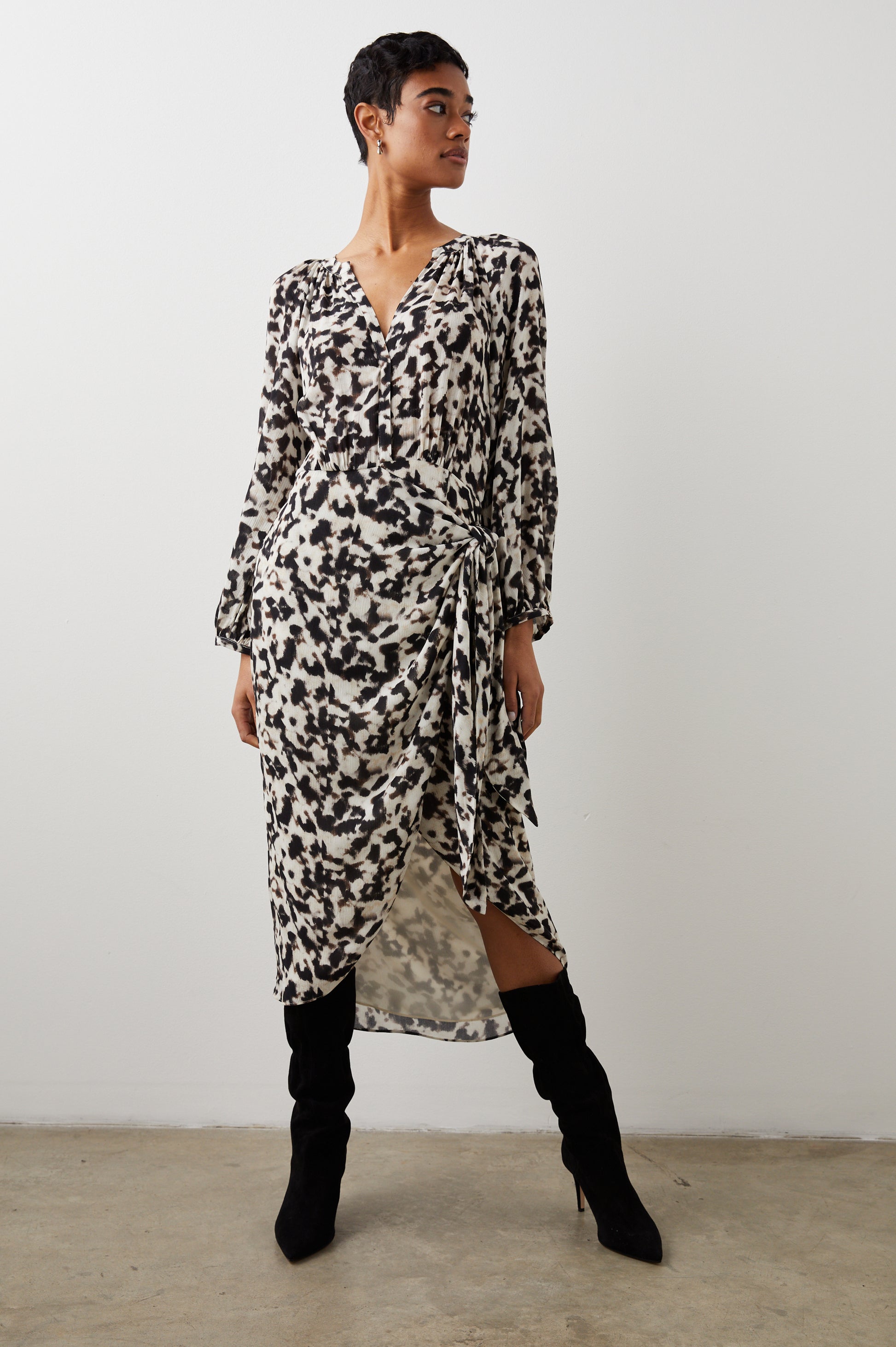 warehouse animal print midi dress Warehouse Women's Leopard Viscose V Neck Long Puff Sleeve Midi Dress in Animal